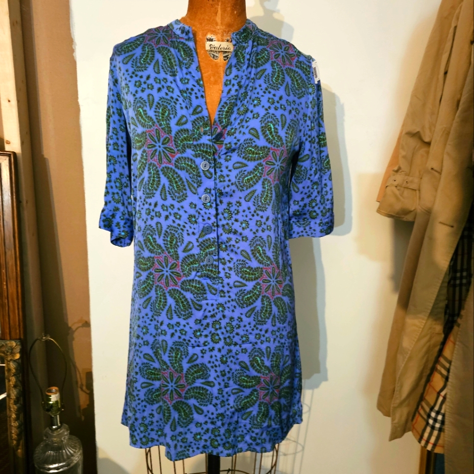 Tucker Silk Dress Sz Medium M Blue Tunic Floral Green